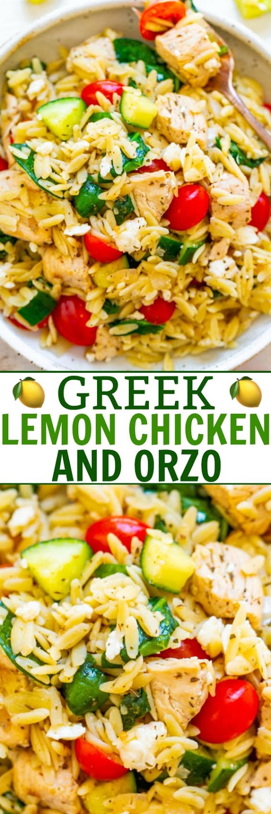 Greek Lemon Chicken and Orzo – EASY, ready in 25 minutes, and feeds a crowd!! Juicy lemon chicken with orzo, fresh spinach, cucumbers, and tomatoes make this a dinnertime WINNER! Great for parties, picnics, and potlucks! Greek Lemon Chicken and Orzo – EASY, ready in 25 minutes, and feeds a crowd!! Juicy lemon chicken with orzo, fresh spinach, cucumbers, and tomatoes make this a dinnertime WINNER! Great for parties, picnics, and potlucks!