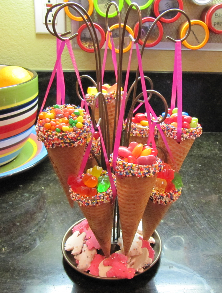 Candy Filled Centerpieces : This is beige birthday party centerpiece candy dipped cones