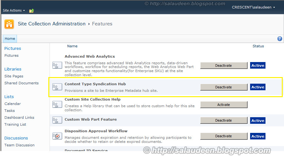 activate content type hub feature in SharePoint 2010