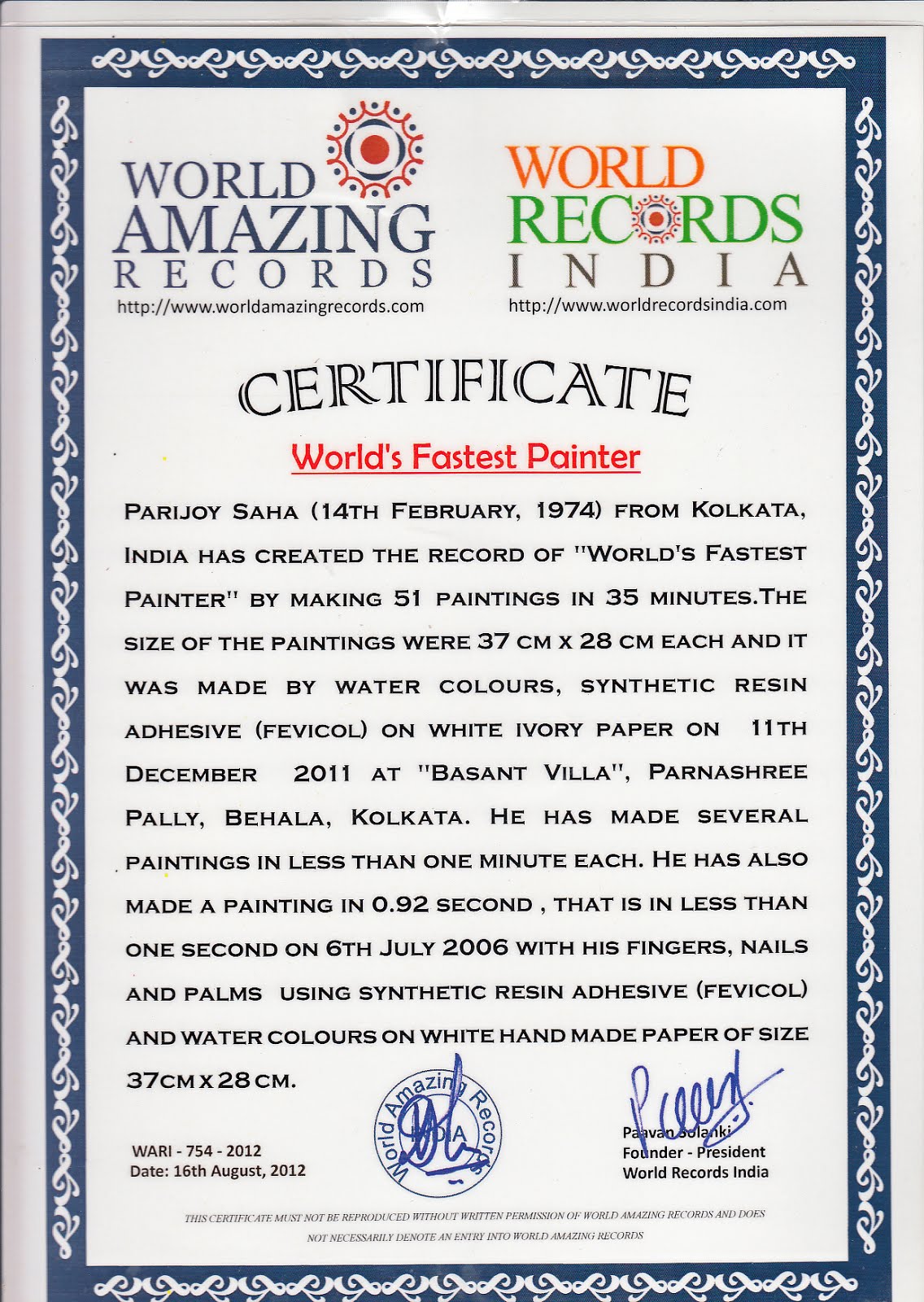 World Record Certificate World's Fastest Painter