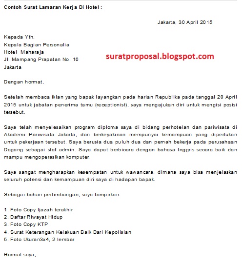 Contoh Surat Lamaran Kerja Di Hotel Sharing Ilmu