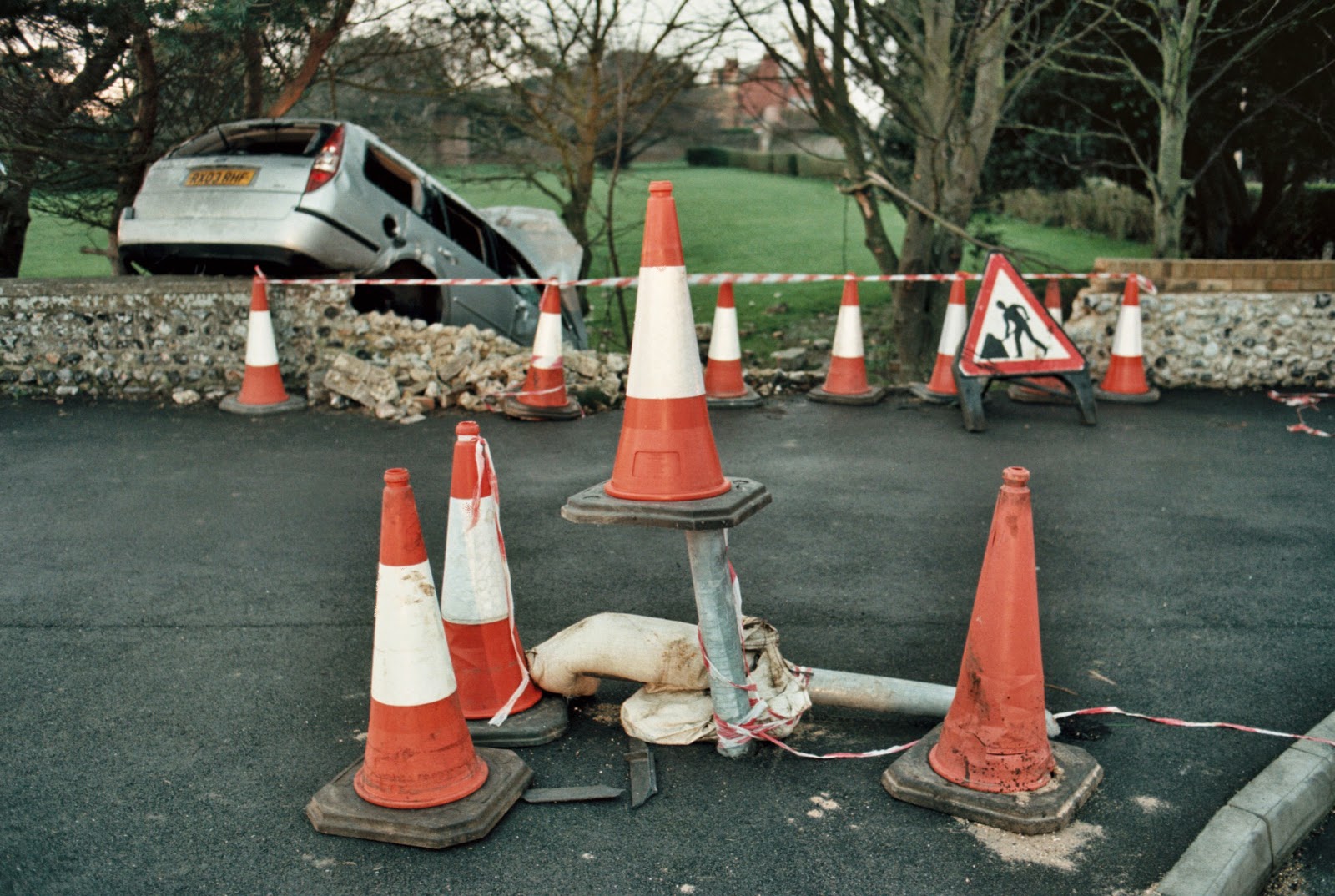 ROAD SAFETY, JOY RIDING, HIGHWAY CODE, ROAD TRAFFIC ACCIDENT, MEN AT WORK, TRAFFIC CONES, INCIDENT TAPE, DRUNKEN DRIVING, STONE WALLS, VEHICLE RECOVERY, EMERGENCY SERVICES,  RAMSGATE, KENT  © VAC 100 DAYS 4 MILLION CONVERSATIONS