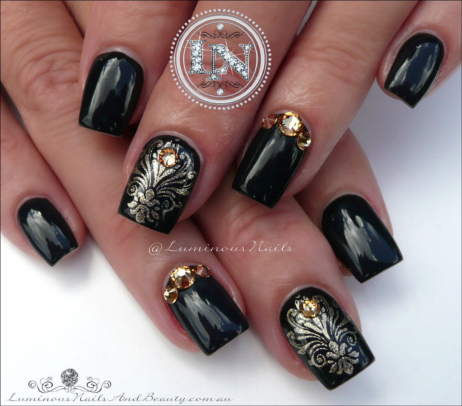 Luminous Nails Glossy Black With Damask Stamping Acrylic Glossy Black Nails With Damask Stamping Acrylic Gel