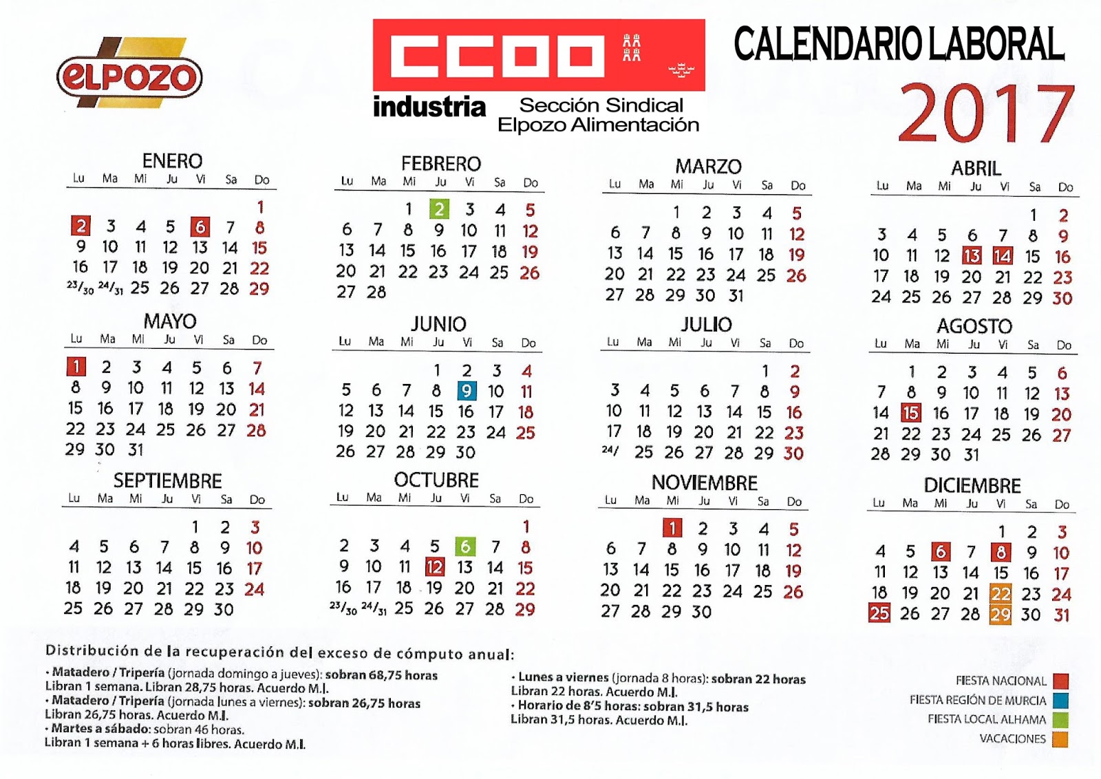 Ccoo En Elpozo Calendario Laboral 2017