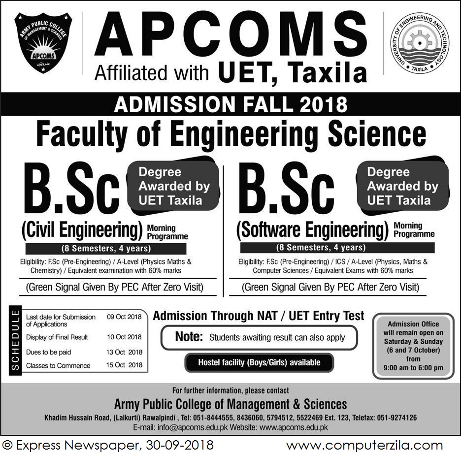 Admissions Open For Fall 2018 At APCOMS Rawalpindi Campus