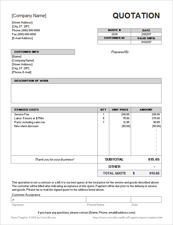 Price Quotation Samples Template Format Excel Project 