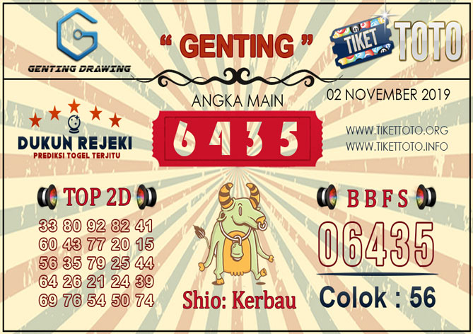 Prediksi Togel GENTING DRAWING TIKETTOTO 02 NOVEMBER 2019
