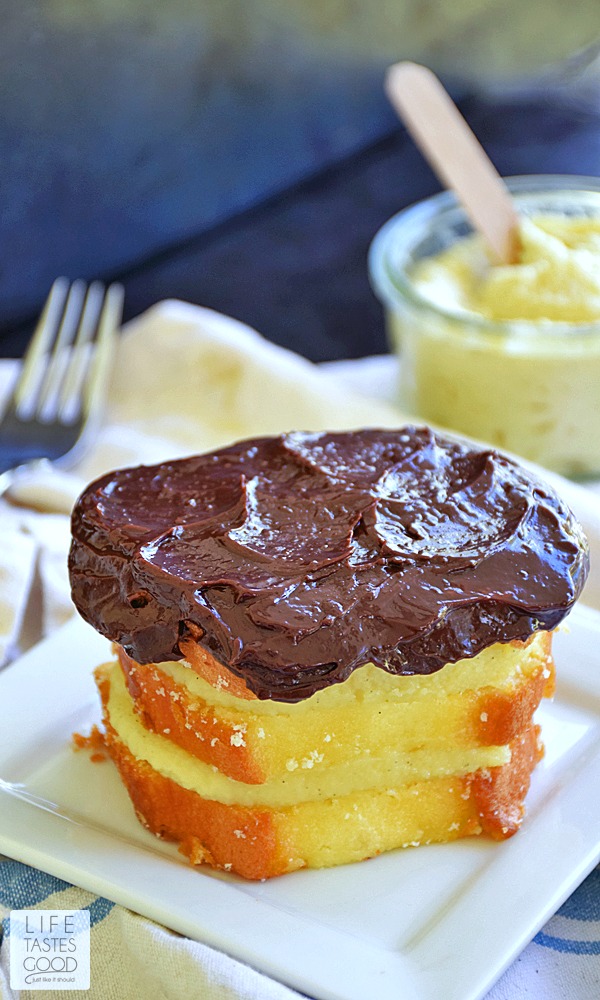No Bake Boston Cream Pie | by Life Tastes Good is Don's favorite dessert! The buttery sweet layers of cake filled with exquisite homemade pastry cream, all topped off with a rich, creamy chocolate ganache is hard to resist!