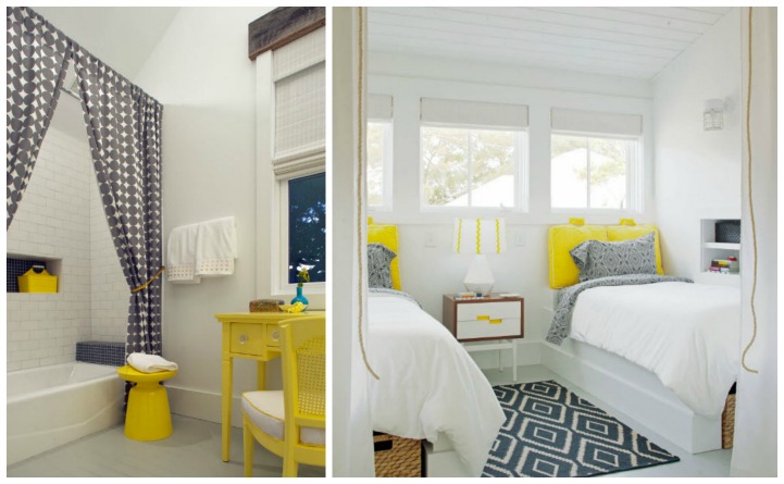 Coastal beach house guest room and bathroom Coastal beach house guest room in white, gray and yellow