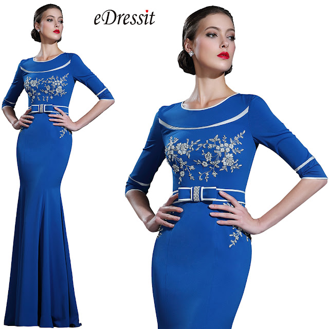  Blue Floral Lace Evening Dress with Sleeves