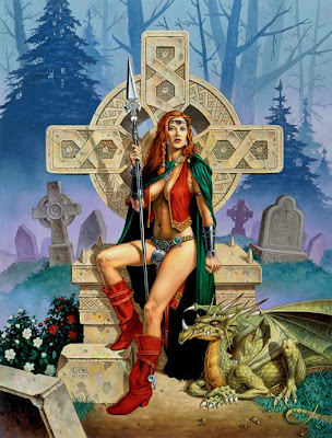 celtic warrior queen with cross dragon and grave stones