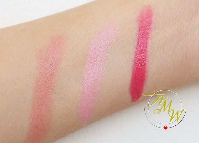 a swatch photo of NYX Butter Lipsticks in shades Sweet Tart, Snow Cap and Hubba Bubba.
