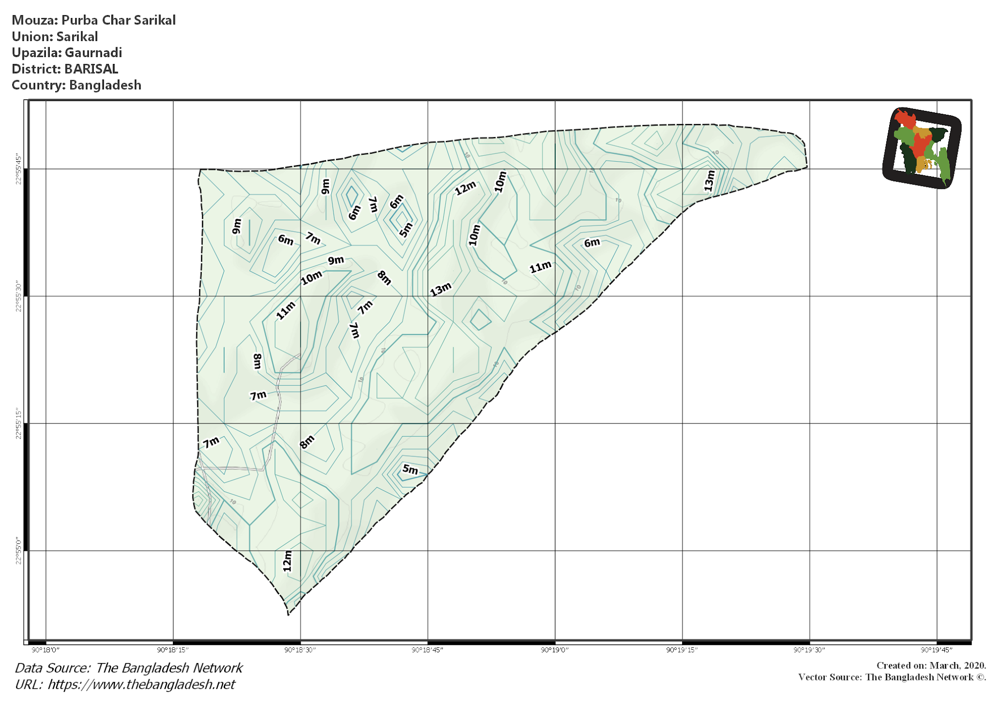 Map of Purba Char Sarikal Mouza of Gaurnadi Upazila, BARISAL, Bangladesh.