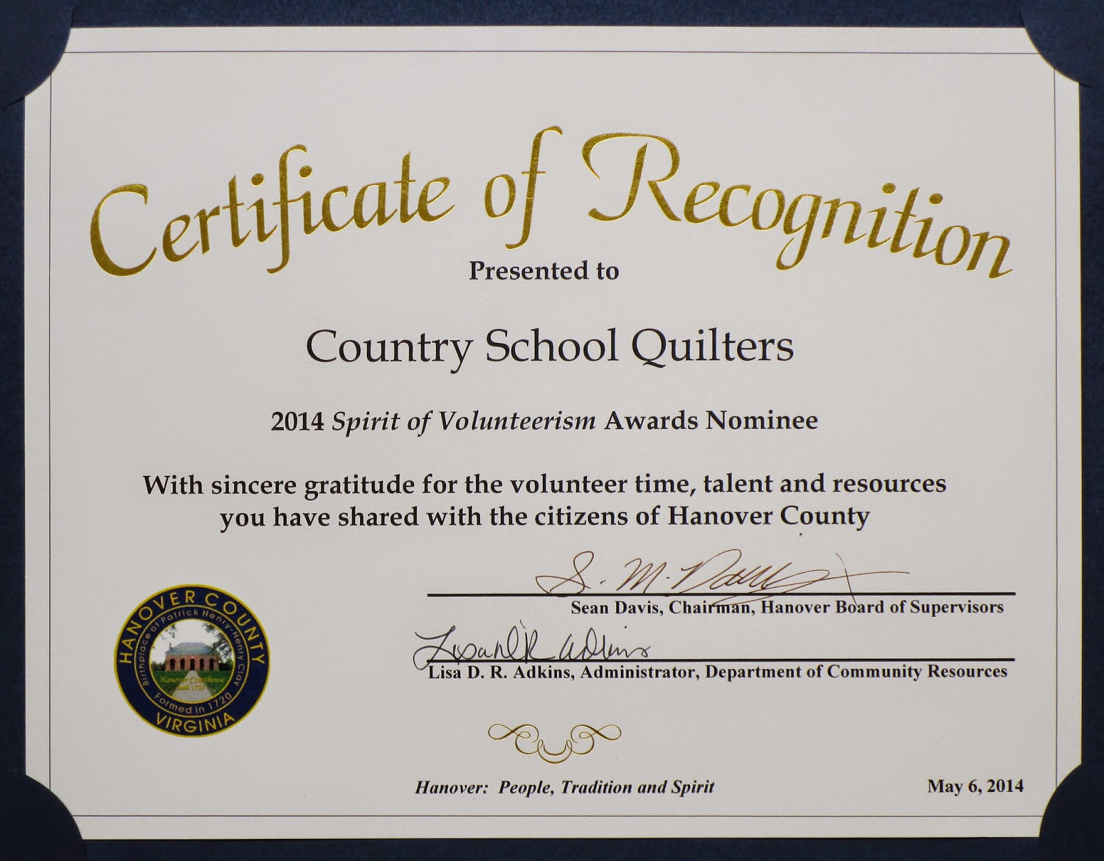 Country School Quilters Certificate Of Recognition 