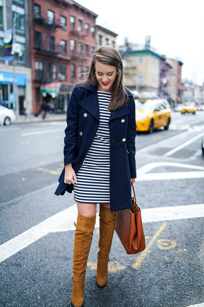 Krista Robertson, Covering the Bases,Travel Blog, NYC Blog, Preppy Blog, Style, Fashion Blog, Travel, Fashion, Style, NYC, Navy, Striped Dresses, Knee High Boots, Fall Looks, NYC Street Style, Navy Coats, Tan Boots