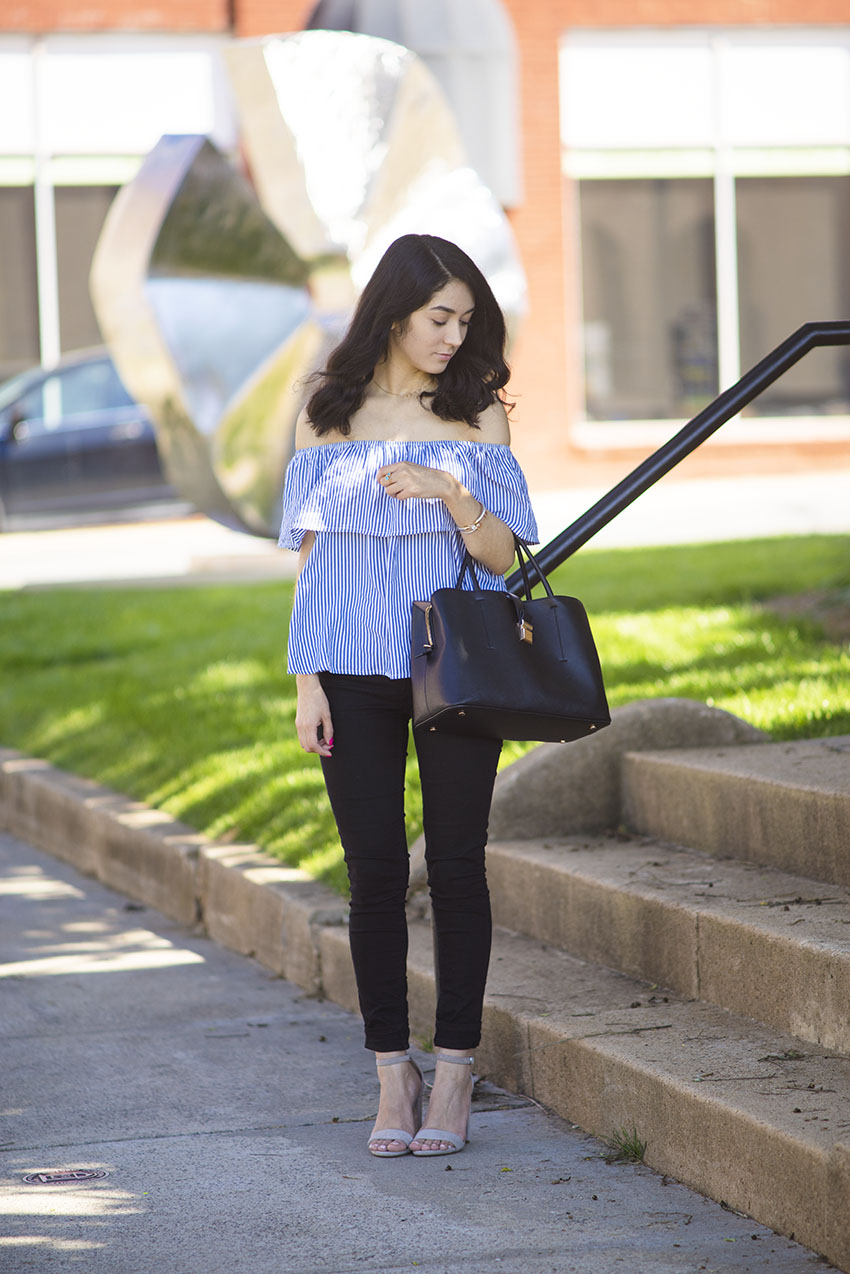 blue and white striped off the shoulder shirt