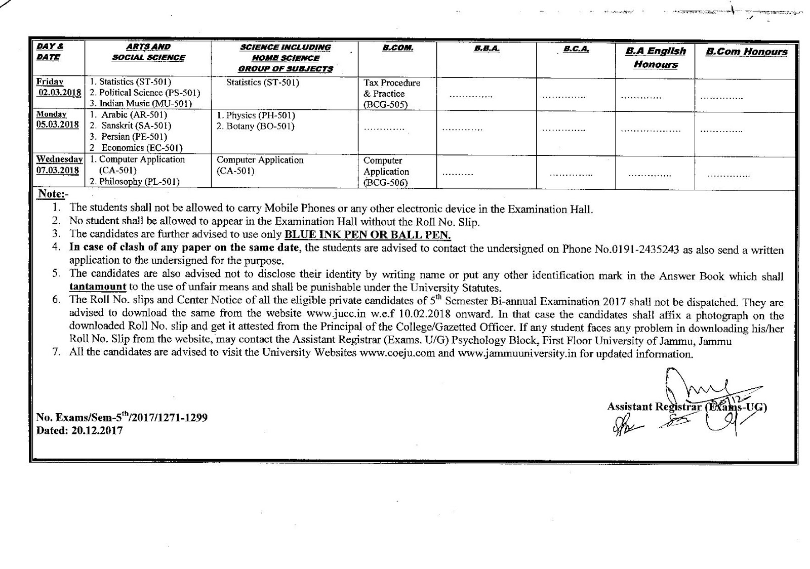 DateSheet of Three Year B.A. / B.Sc. / B.Sc. Home Science / / B