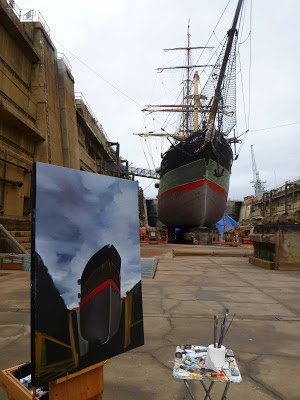 Plein air oil painting of tall ship James Craig in Garden Island Drydock painted by industrial heritage artist Jane Bennett