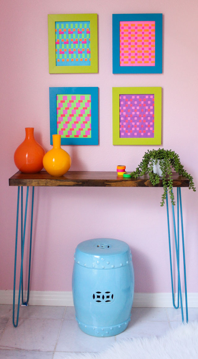 Use paper weaving to make colorful geometric wall art - a grown-up take on a childhood craft! Use paper weaving to make colorful geometric wall art - a grown-up take on a childhood craft!