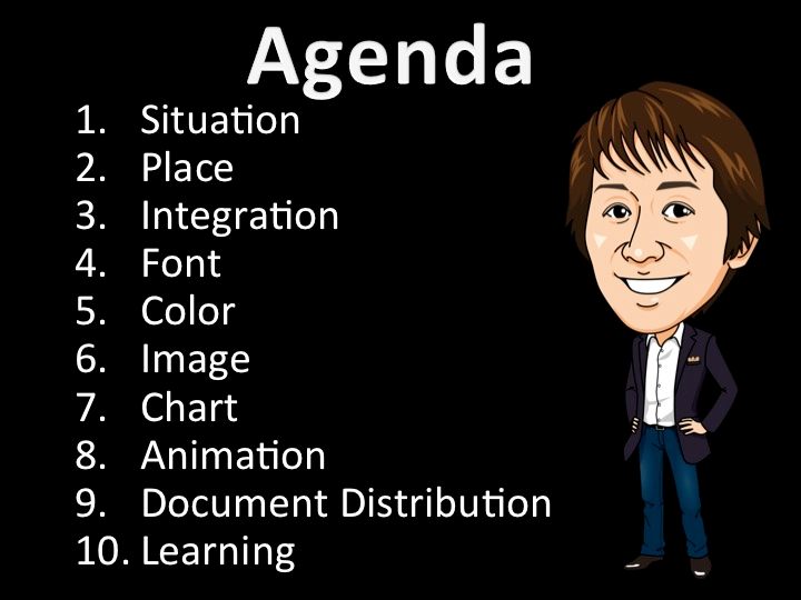 1.Situation 2.Place 3.Integration 4.Font 5.Color 6.Image 7.Chart 8.Animation 9.Document Distribution 10.Learning