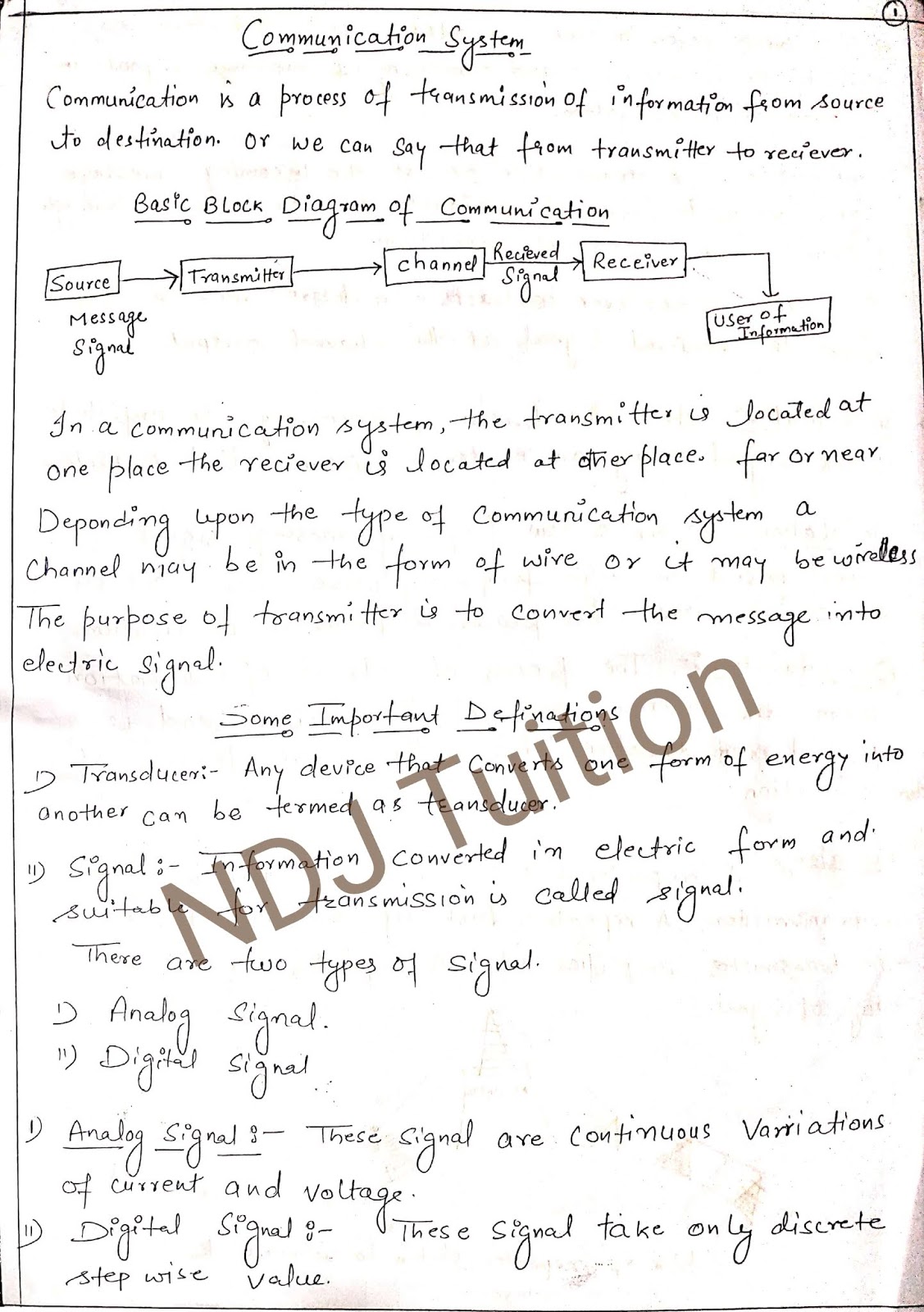 Communication System Handwritten Notes for 12th Physics NDJ Tuition