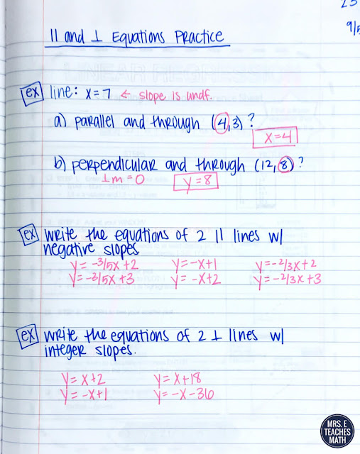 My algebra 2 students have learned equations of parallel and perpendicular lines previously, but they always need a little review.  This flipbook was great for the notes in their interactive notebook because it reviewed slope, graphs, and writing equations.  I finished up the lesson with an activity.