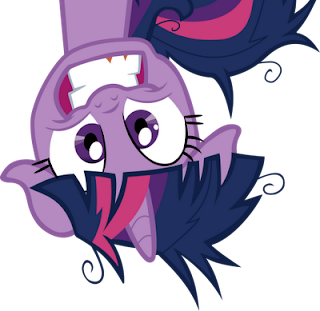 Twilight hangs upside down, disheveled and freaking out