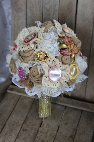 burlap and lace bouquet with pink and gold