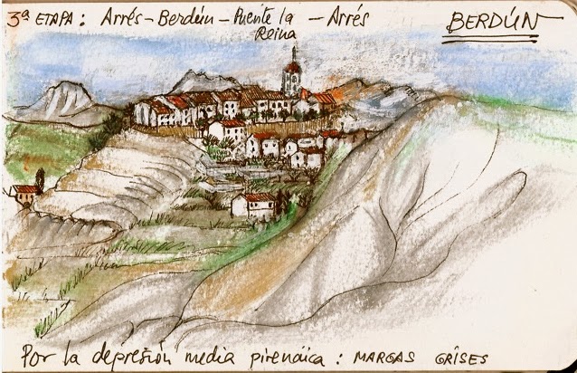 Dibujo de Berdún en el Camino Aragonés