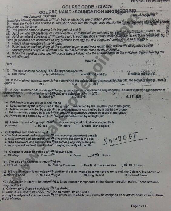 CIV475 Foundation Engineering End Term Exam Question Paper CIV 475