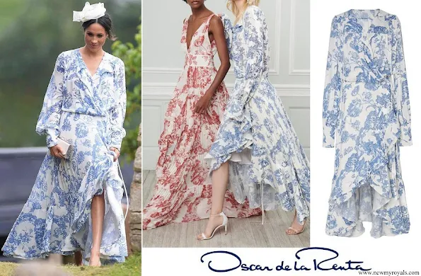  Duchess Meghan wore a blue and white floral print maxi dress by Oscar de la Renta