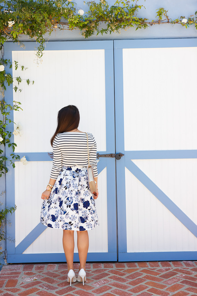 Ann Taylor shoulder button tee Goodnight Macaroon 'Liz' Porcelain Blue Floral Pleated High Waisted A-line Midi Skater Skirt Manolo Blahnik white BB pumps, Pattern Mixing Stripes and floral outfit Summer outfits for petites Tory Burch Kira envelope clutch