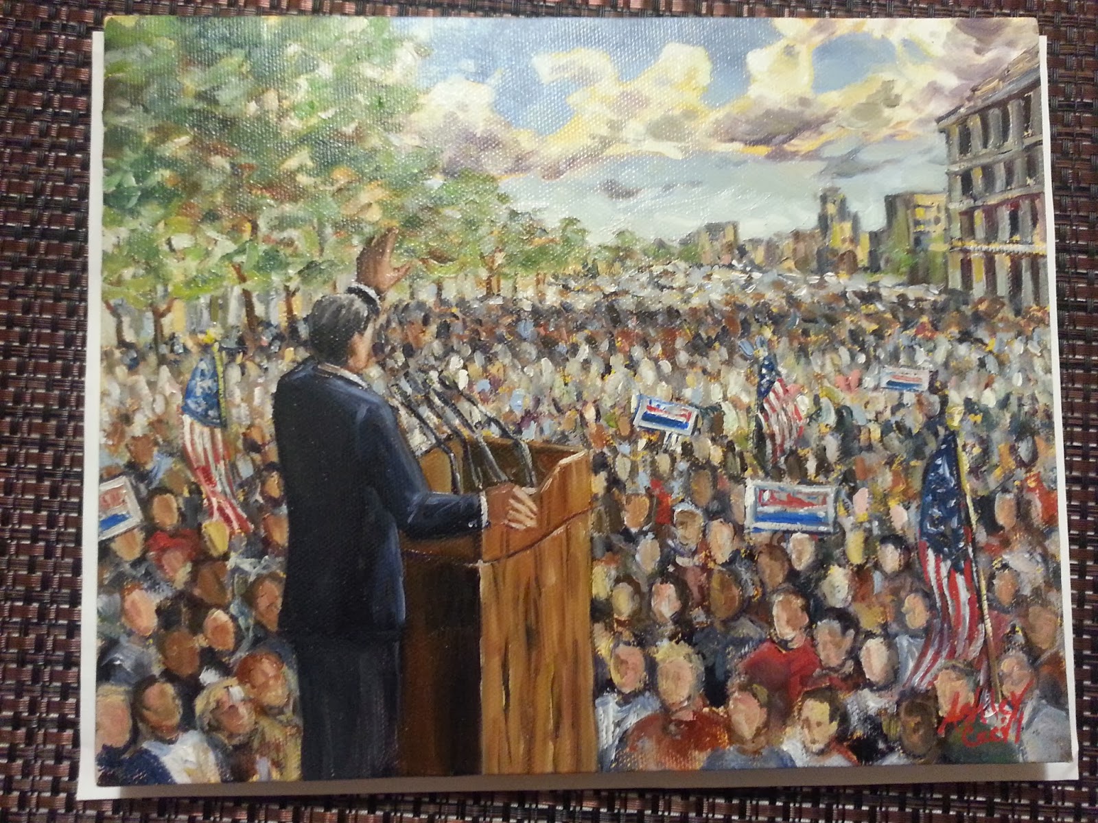 This is a large photo of Ashley Cecil's original painting, "Politician at a Podium."