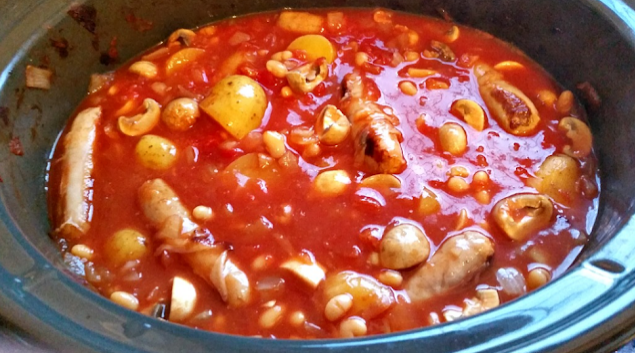 Sausage and baked bean slow cooker casserole.