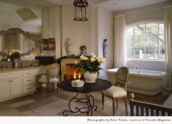 Pamela Pierce designed luxurious French country bathroom with freestanding tub.