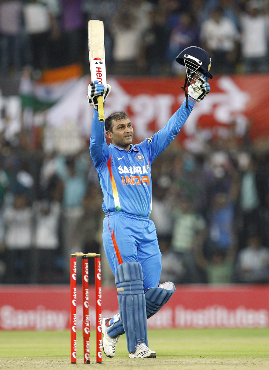 Indian Batsman Virender Sehwag Celebrates His Record Breaking Double Hundred