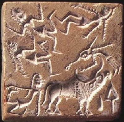 Impression of a Banawali seal  from c.2300 – 1700 BCE, showing an acrobat leaping over a bull