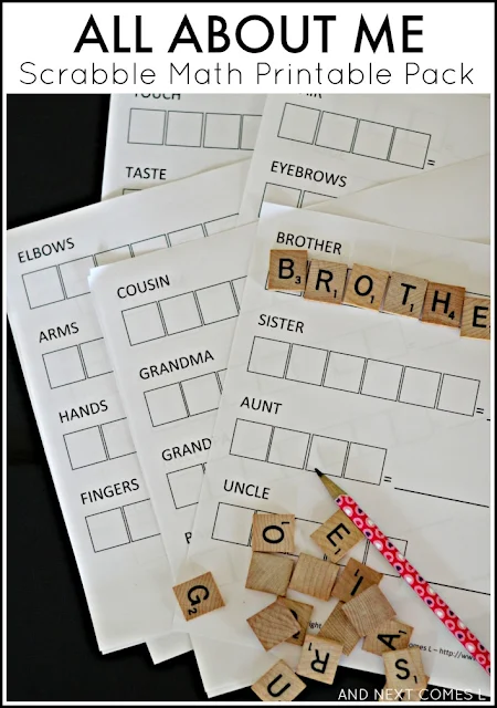 All about me themed Scrabble math printable pack for kids from And Next Comes L