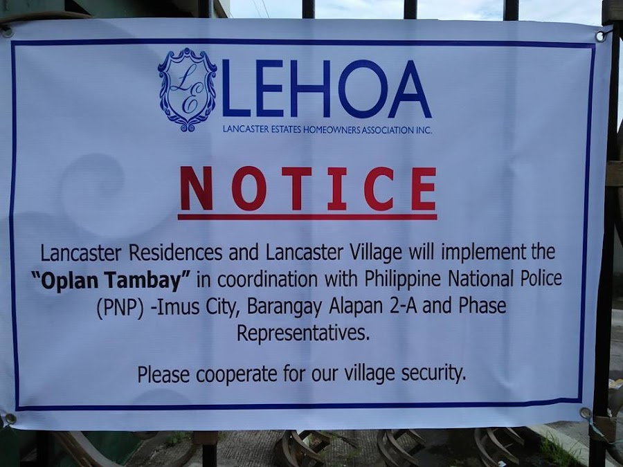 Lancaster Residences Imus Homeowners Homeowners Association and Oplan Tambay