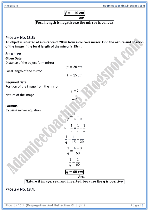 Adamjee Coaching Propagation and Reflection of Light Solved