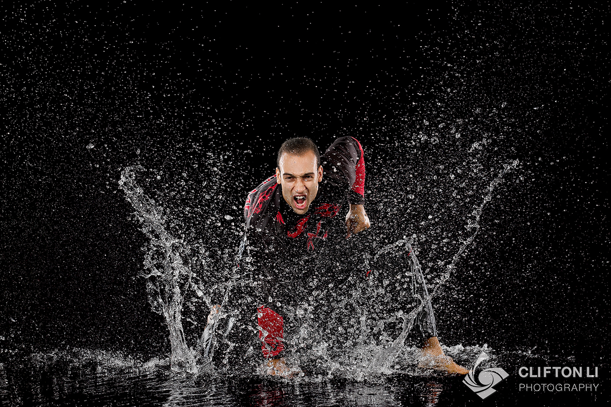 Indoor martial arts photography with water and highspeed flash sync