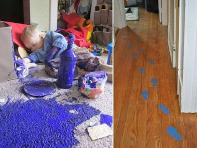 toddler ruins carpet with spilt paint baby footprints in purple paint fail