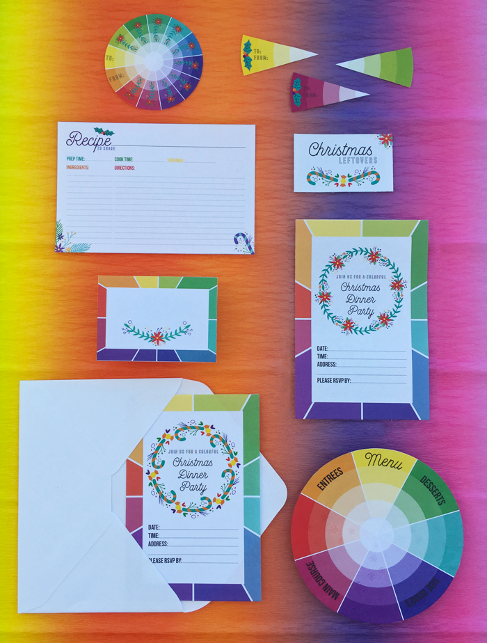 Freebie: Colorful Christmas Dinner Party Printable Stationery - La Lilú Free printable color wheel inspired Christmas dinner party stationery, table setting, holiday decor, colorful