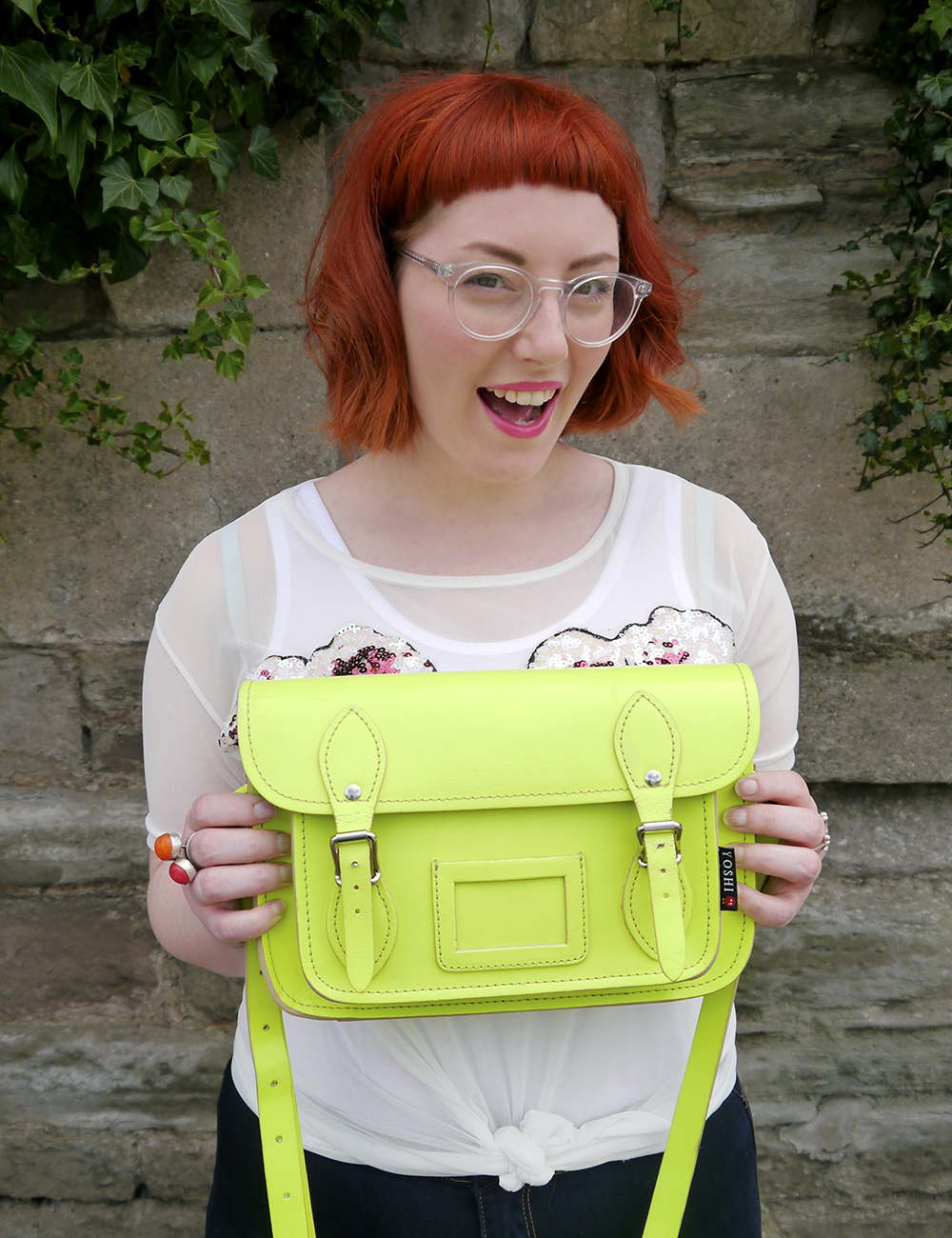 Styled by Helen: Never Monday styled by Helen, Scottish blogger, Dundee blogger, red head, ginger hair, short ginger hair, Iolla glasses, #seewithiolla, Never Monday, day time sequins, sequin top, casual sequins, Yoshi satchel, neon yellow satchel,