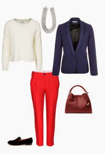 Calças vermelhas - dia de trabalho informal ou semi-formal Calças vermelhas, sapatos rasos pretos, camisola básica branca, blazer azul escuro, mala castanha