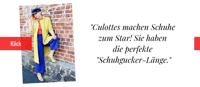 Culotte richtig kombinieren. Wie style ich eine Culotte. Blaue Culotte und gelber Trenchcoat.