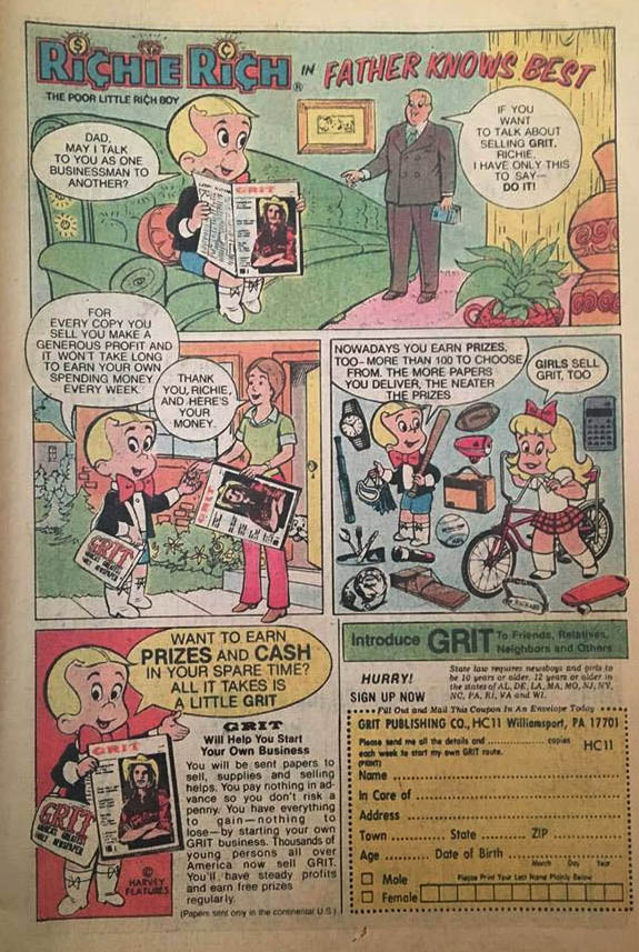 ZeMastor's Comics Blog Richie Rich characters sell "GRIT" newspapers