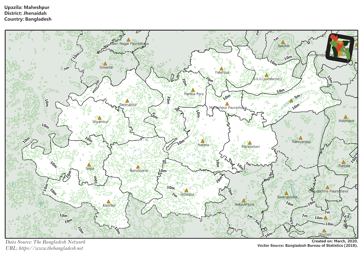 Maheshpur Upazila Elevation Map Jhenaidah District Bangladesh