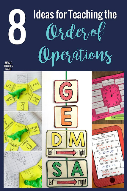 These order of operations tips give me lots of ideas for teaching middle school (algebra) students.  I like the activities and foldable notes for interactive notebooks.  The mobile is better than a poster too.  Please excuse my dear aunt sally will be more fun this year!