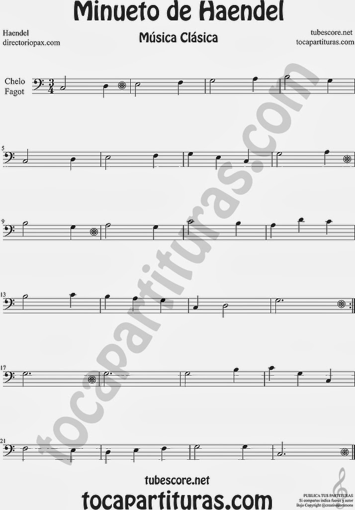 Minueto de Haendel Partitura de Violonchelo y Fagot Sheet Music for Cello and Bassoon Music Scores